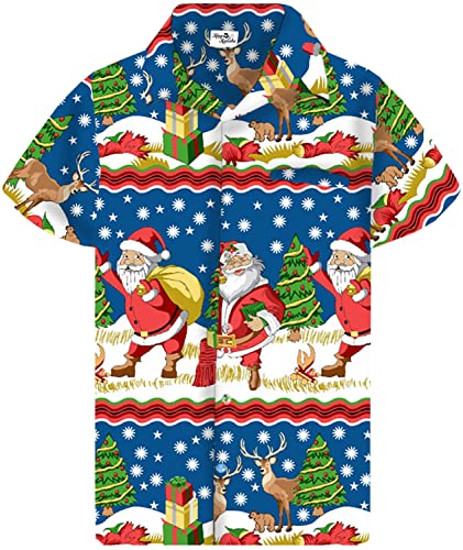 King Kameha Funky Hawaiihemd, Kurzarm, Weihnachten, Christmas Border Print, Blau, 3XL von King Kameha