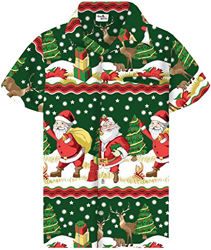 King Kameha Funky Hawaiihemd, Kurzarm, Weihnachten, Christmas Border Print, Grün, L von King Kameha