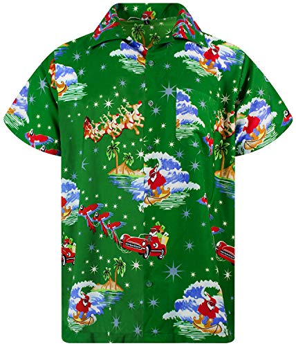 King Kameha Funky Hawaiihemd, Kurzarm, Weihnachten, Surf Santa, Grün, 4XL von King Kameha