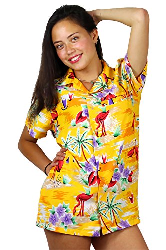 King Kameha Funky Hawaiihemd Hawaiibluse, Kurzarm, Flamingos, gelb, XL von King Kameha