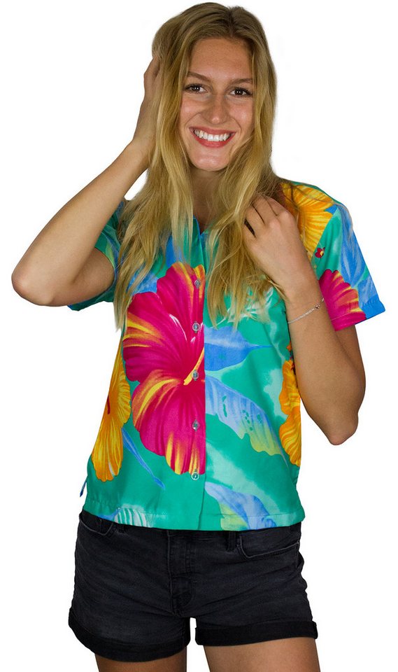 King Kameha Hawaiihemd Big Flower Funky Hawaiibluse Damen Kurzarm Front-Tasche Stylish von King Kameha