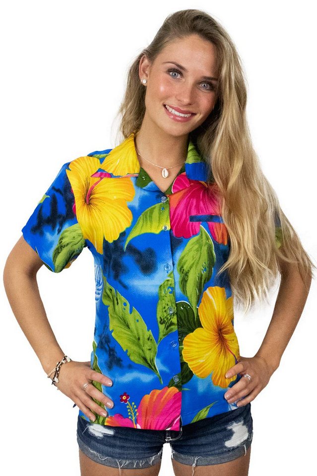 King Kameha Hawaiihemd Big Flower Funky Hawaiibluse Damen Kurzarm Front-Tasche Stylish von King Kameha
