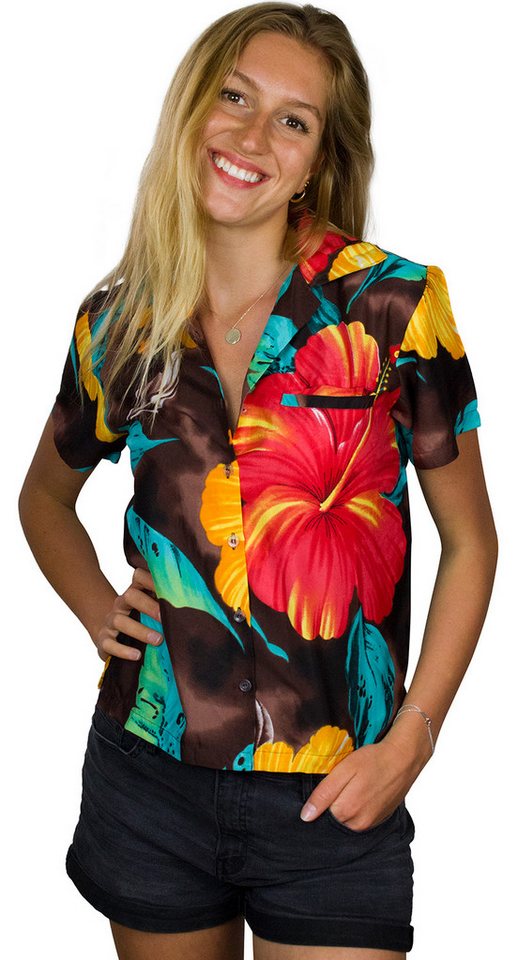 King Kameha Hawaiihemd Big Flower Funky Hawaiibluse Damen Kurzarm Front-Tasche Stylish von King Kameha