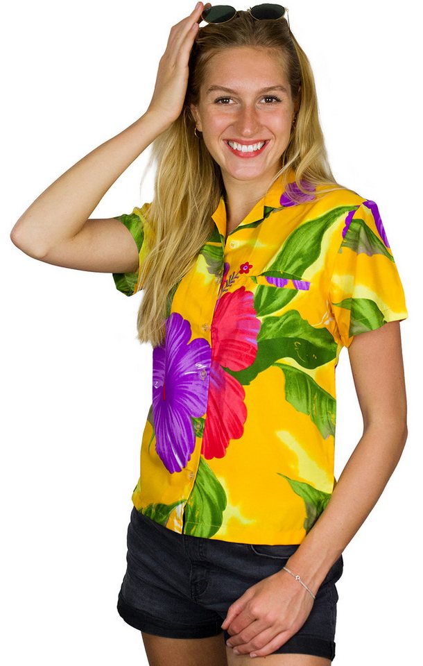 King Kameha Hawaiihemd Big Flower Funky Hawaiibluse Damen Kurzarm Front-Tasche Stylish von King Kameha