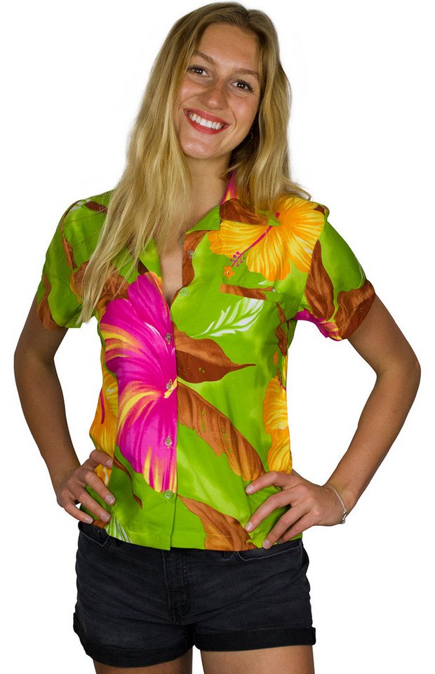 King Kameha Hawaiihemd Big Flower Funky Hawaiibluse Damen Kurzarm Front-Tasche Stylish von King Kameha