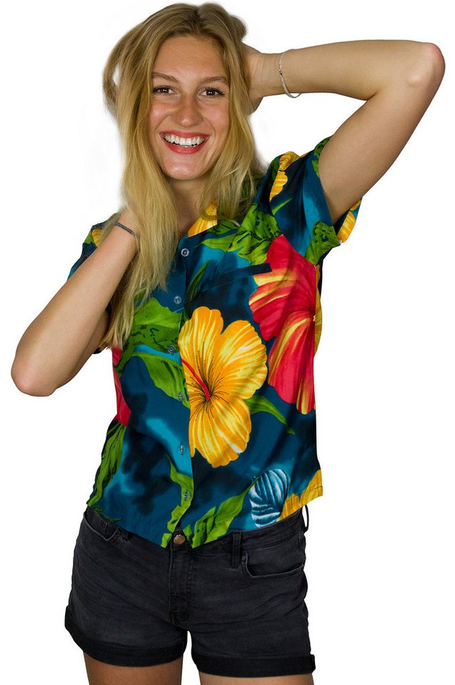 King Kameha Hawaiihemd Big Flower Funky Hawaiibluse Damen Kurzarm Front-Tasche Stylish von King Kameha