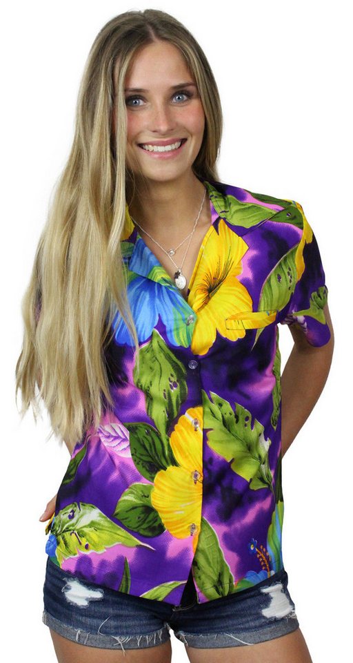 King Kameha Hawaiihemd Big Flower Funky Hawaiibluse Damen Kurzarm Front-Tasche Stylish von King Kameha
