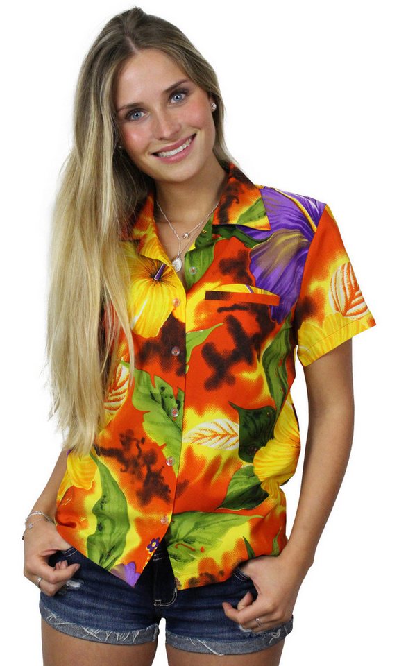 King Kameha Hawaiihemd Big Flower Funky Hawaiibluse Damen Kurzarm Front-Tasche Stylish von King Kameha