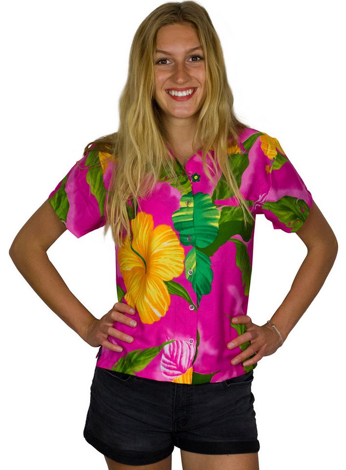 King Kameha Hawaiihemd Big Flower Funky Hawaiibluse Damen Kurzarm Front-Tasche Stylish von King Kameha