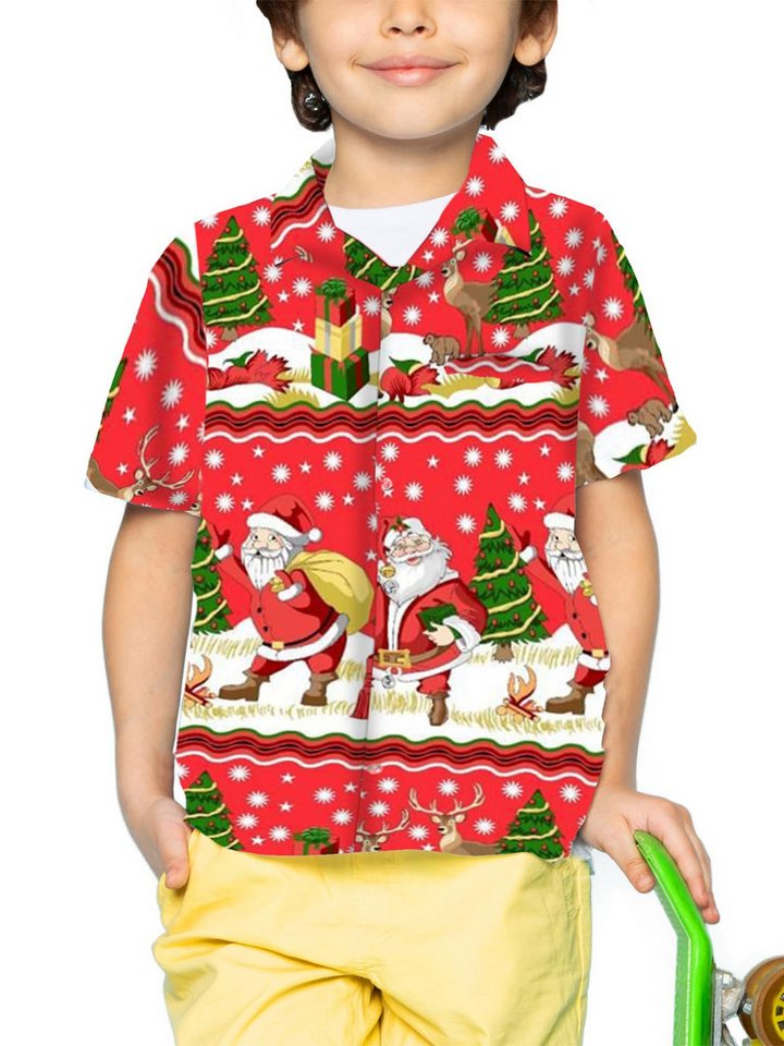 King Kameha Hawaiihemd Christmas Border Print Kids Hawaii-Hemd Kinder Kurzarm Front-Tasche von King Kameha
