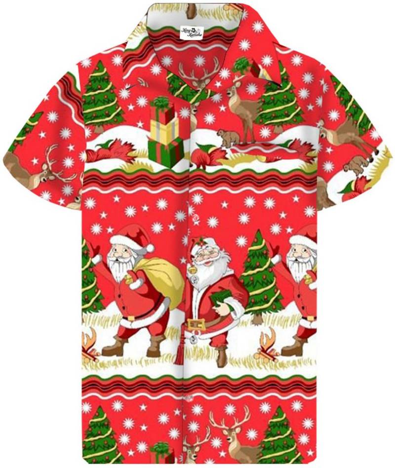 King Kameha Hawaiihemd Christmas Border Print Kurzarm Front-Tasche Unisex von King Kameha