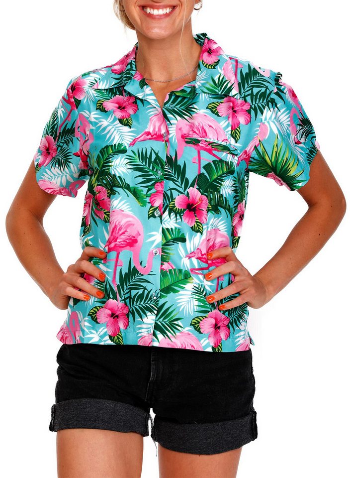 King Kameha Hawaiihemd Flamingo Flowers Funky Hawaiibluse Damen Kurzarm Front-Tasche Stylish von King Kameha