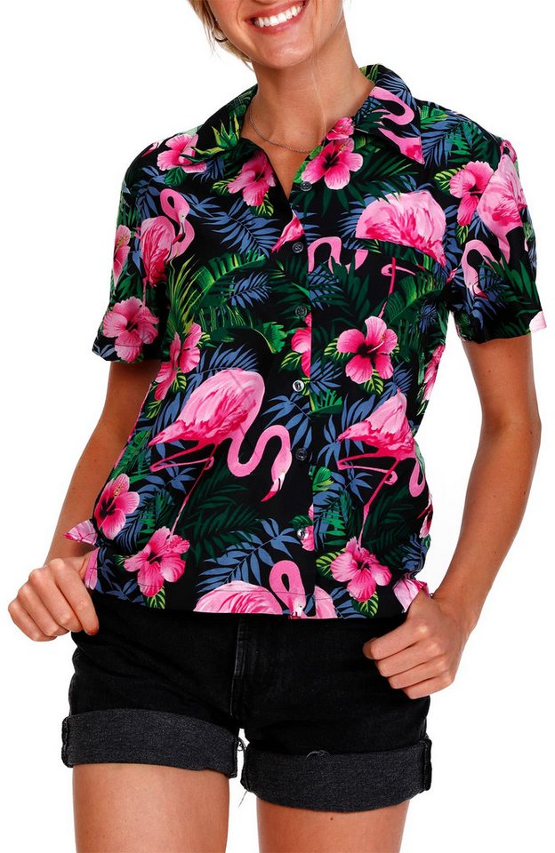 King Kameha Hawaiihemd Flamingo Flowers Funky Hawaiibluse Damen Kurzarm Front-Tasche Stylish von King Kameha