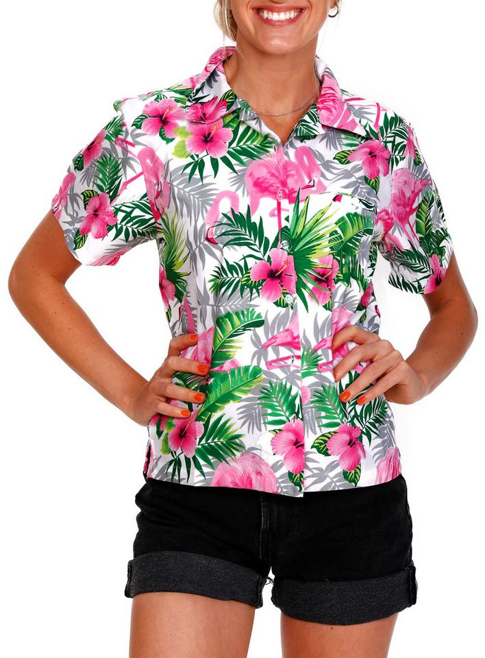 King Kameha Hawaiihemd Flamingo Flowers Funky Hawaiibluse Damen Kurzarm Front-Tasche Stylish von King Kameha