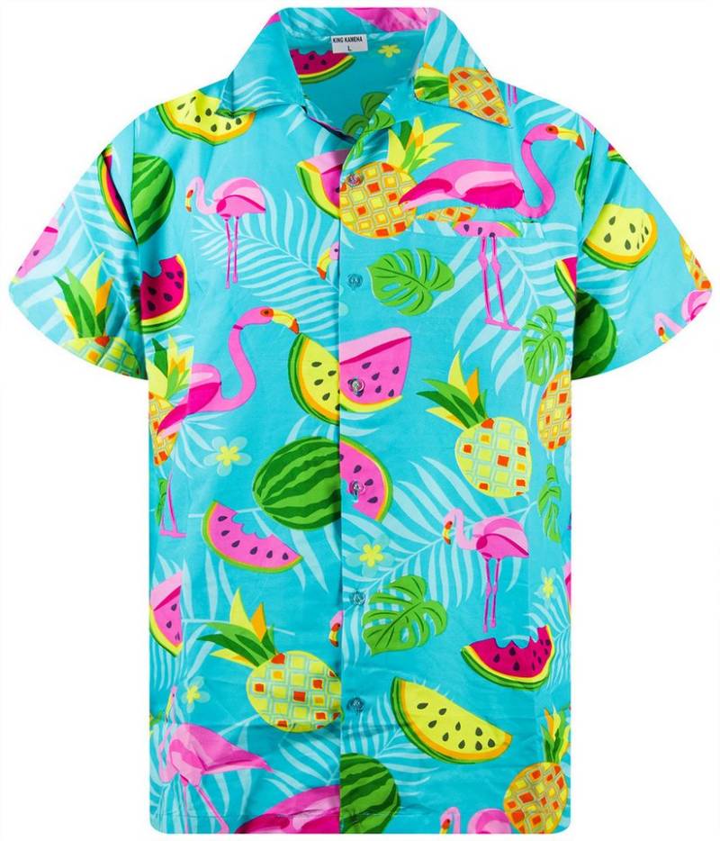 King Kameha Hawaiihemd Flamingo Melone Funky Hawaii-Hemd Kurzarm Front-Tasche Stylish Unisex von King Kameha