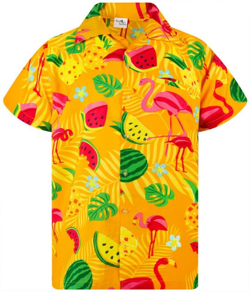 King Kameha Hawaiihemd Flamingo Melone Funky Hawaii-Hemd Kurzarm Front-Tasche Stylish Unisex von King Kameha