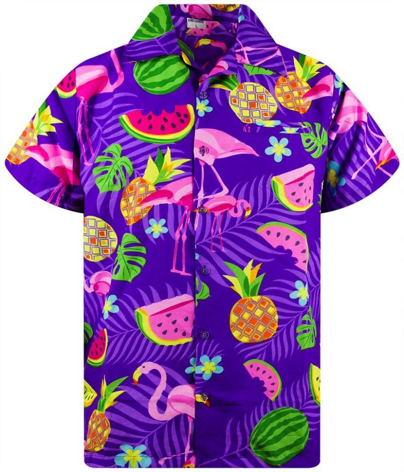 King Kameha Hawaiihemd Flamingo Melone Funky Hawaii-Hemd Kurzarm Front-Tasche Stylish Unisex von King Kameha