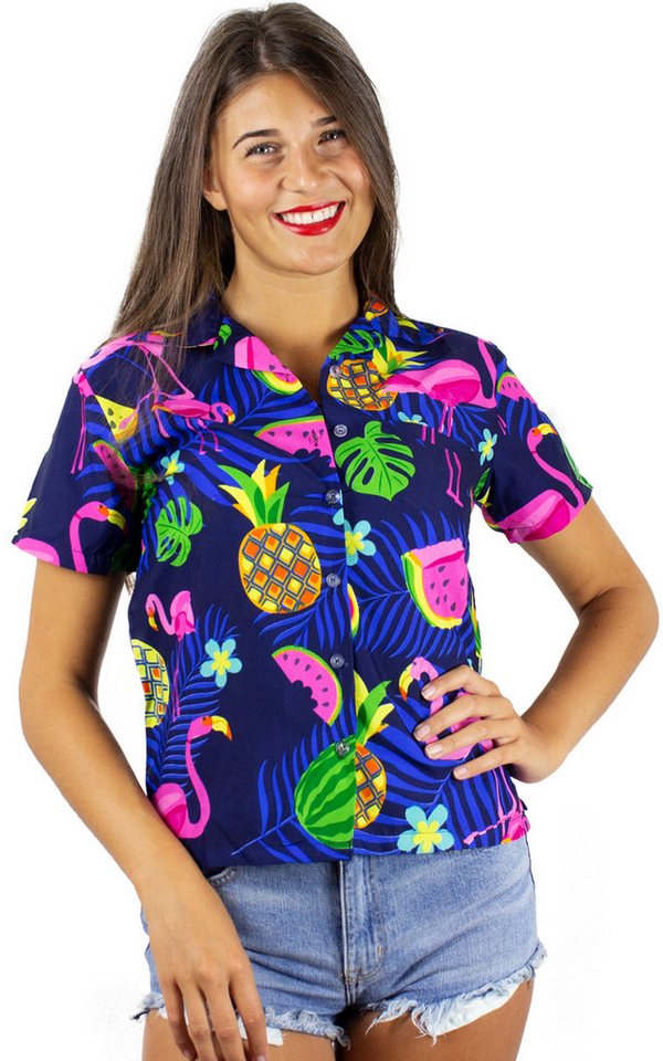 King Kameha Hawaiihemd Flamingo Melone Funky Hawaiibluse Damen Kurzarm Front-Tasche Stylish von King Kameha