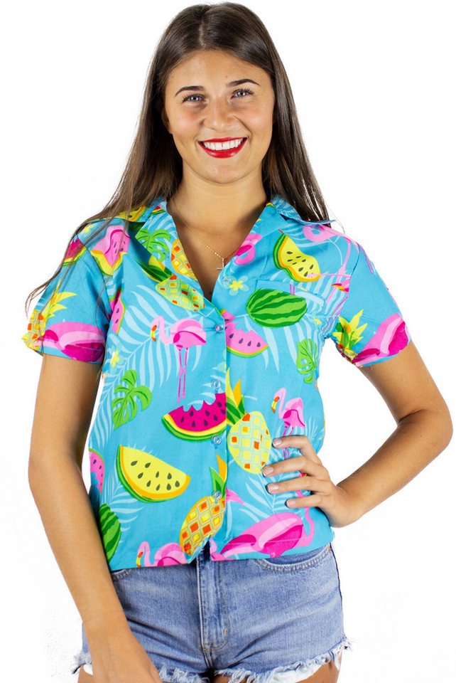 King Kameha Hawaiihemd Flamingo Melone Funky Hawaiibluse Damen Kurzarm Front-Tasche Stylish von King Kameha
