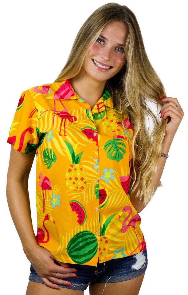 King Kameha Hawaiihemd Flamingo Melone Funky Hawaiibluse Damen Kurzarm Front-Tasche Stylish von King Kameha