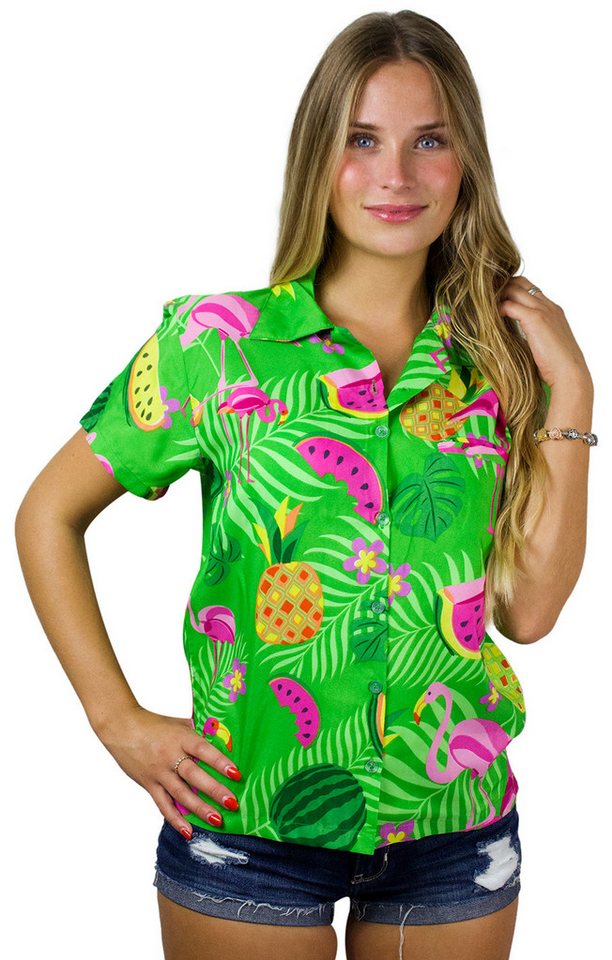 King Kameha Hawaiihemd Flamingo Melone Funky Hawaiibluse Damen Kurzarm Front-Tasche Stylish von King Kameha
