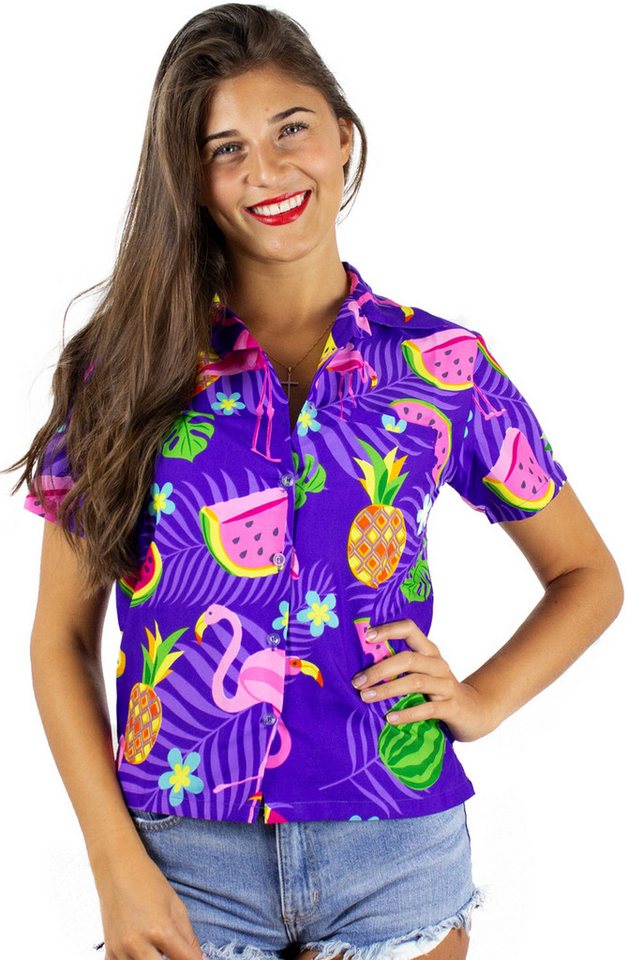 King Kameha Hawaiihemd Flamingo Melone Funky Hawaiibluse Damen Kurzarm Front-Tasche Stylish von King Kameha