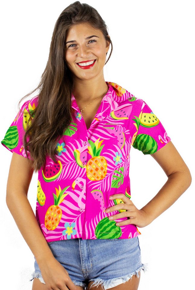 King Kameha Hawaiihemd Flamingo Melone Funky Hawaiibluse Damen Kurzarm Front-Tasche Stylish von King Kameha
