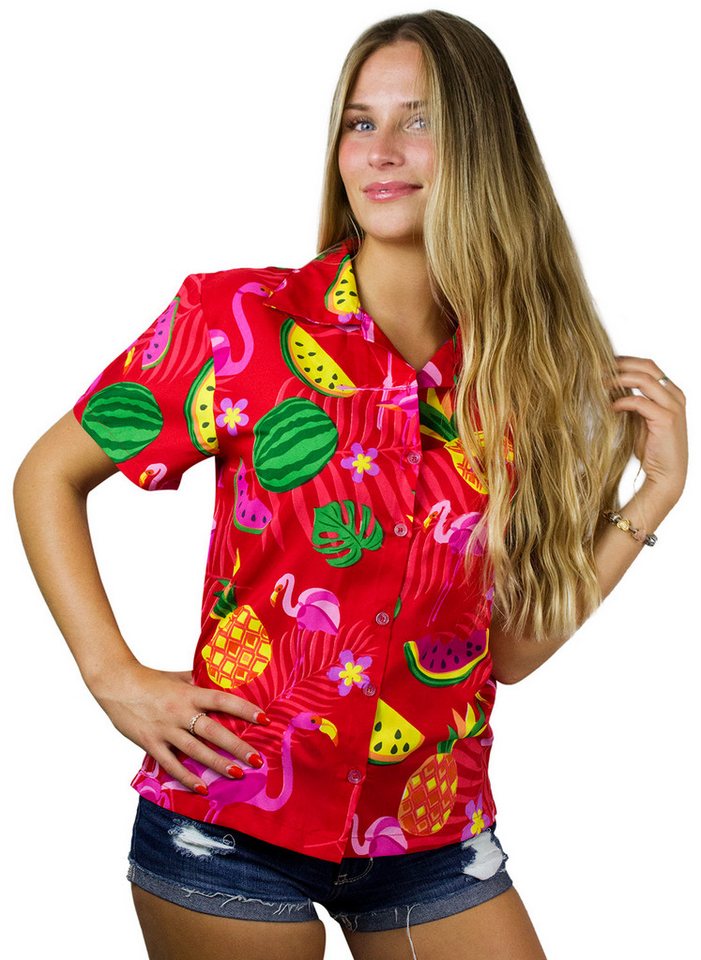 King Kameha Hawaiihemd Flamingo Melone Funky Hawaiibluse Damen Kurzarm Front-Tasche Stylish von King Kameha