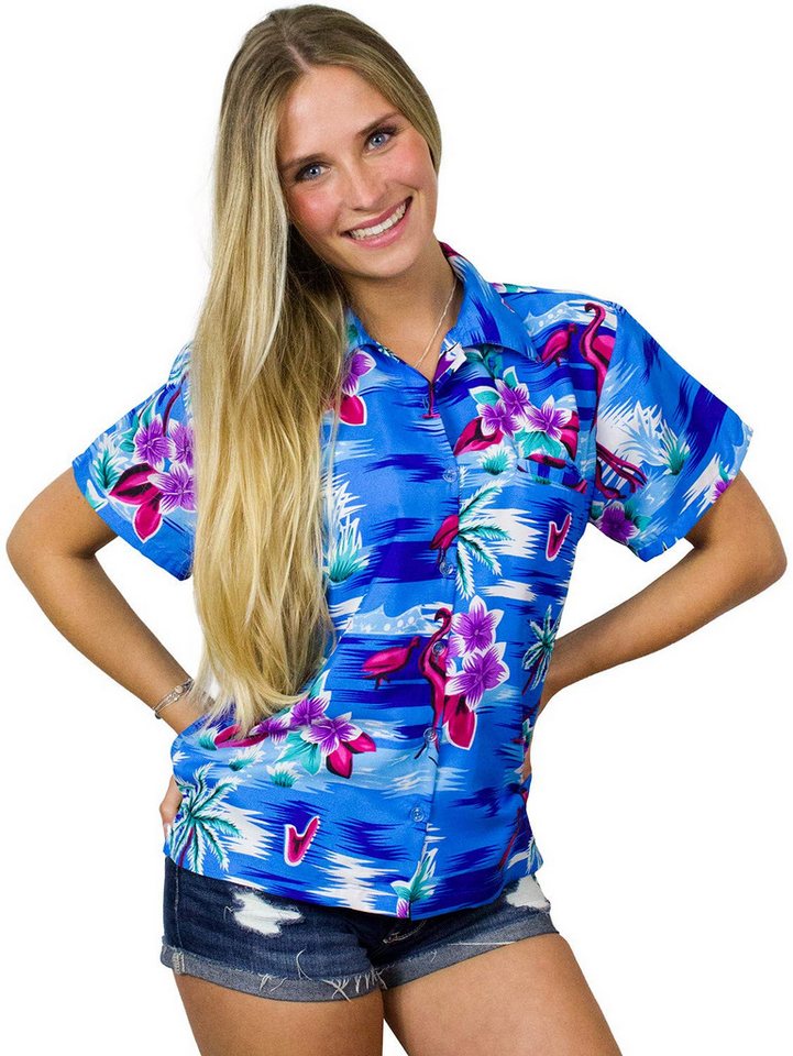 King Kameha Hawaiihemd Flamingos Funky Hawaiibluse Damen Kurzarm Front-Tasche Stylish von King Kameha