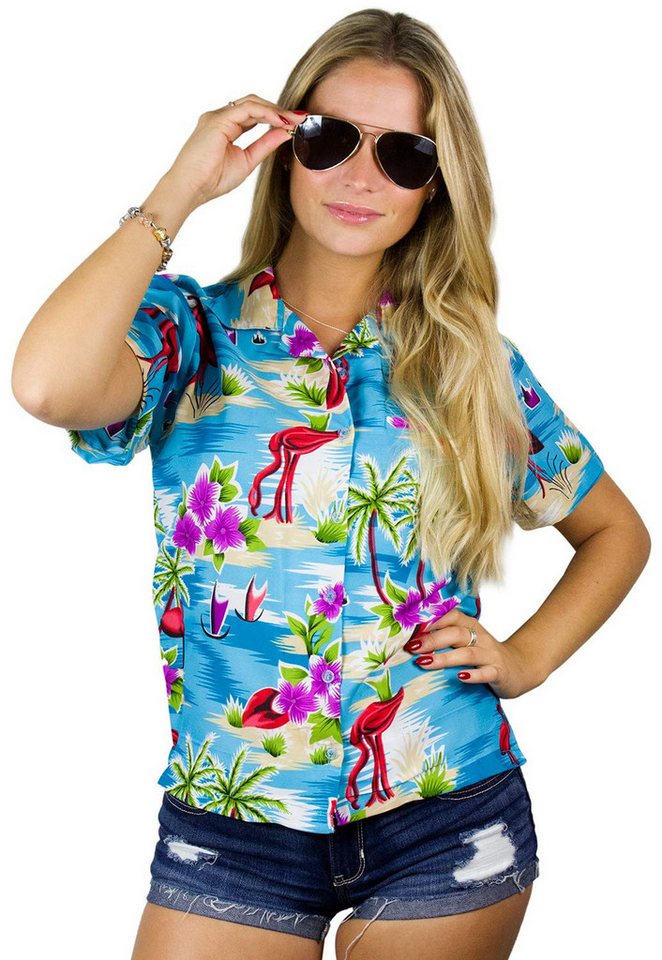 King Kameha Hawaiihemd Flamingos Funky Hawaiibluse Damen Kurzarm Front-Tasche Stylish von King Kameha