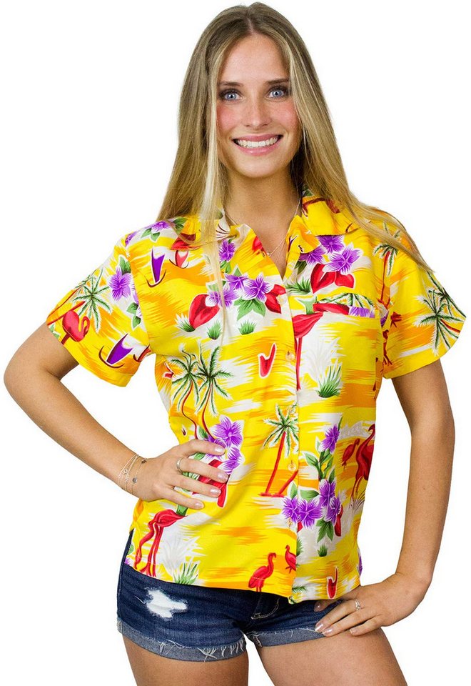 King Kameha Hawaiihemd Flamingos Funky Hawaiibluse Damen Kurzarm Front-Tasche Stylish von King Kameha