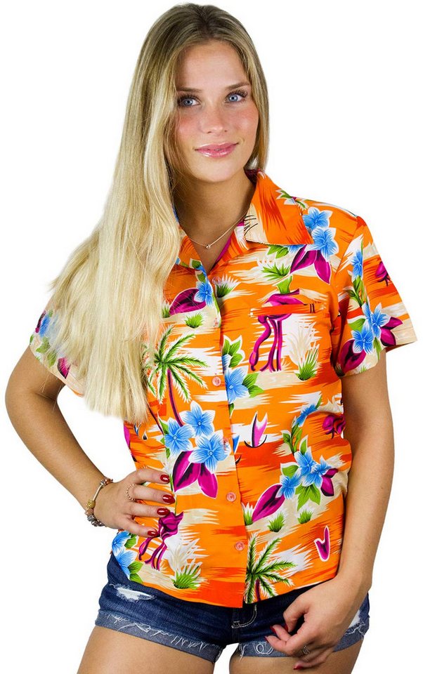 King Kameha Hawaiihemd Flamingos Funky Hawaiibluse Damen Kurzarm Front-Tasche Stylish von King Kameha