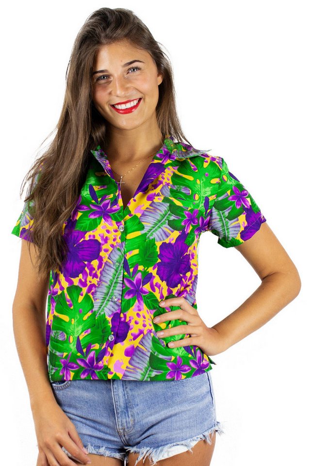 King Kameha Hawaiihemd Grün Lila Blüte Funky Hawaiibluse Damen Kurzarm Front-Tasche Stylish von King Kameha