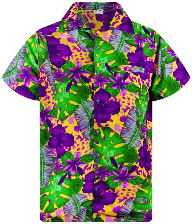 King Kameha Hawaiihemd Grün Lila Blume Funky Hawaii-Hemd Kurzarm Front-Tasche Stylish Unisex von King Kameha