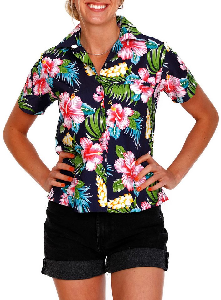 King Kameha Hawaiihemd Hibiscus New Funky Hawaiibluse Damen Kurzarm Front-Tasche Stylish von King Kameha