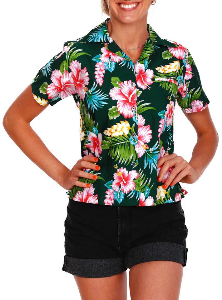 King Kameha Hawaiihemd Hibiscus New Funky Hawaiibluse Damen Kurzarm Front-Tasche Stylish von King Kameha