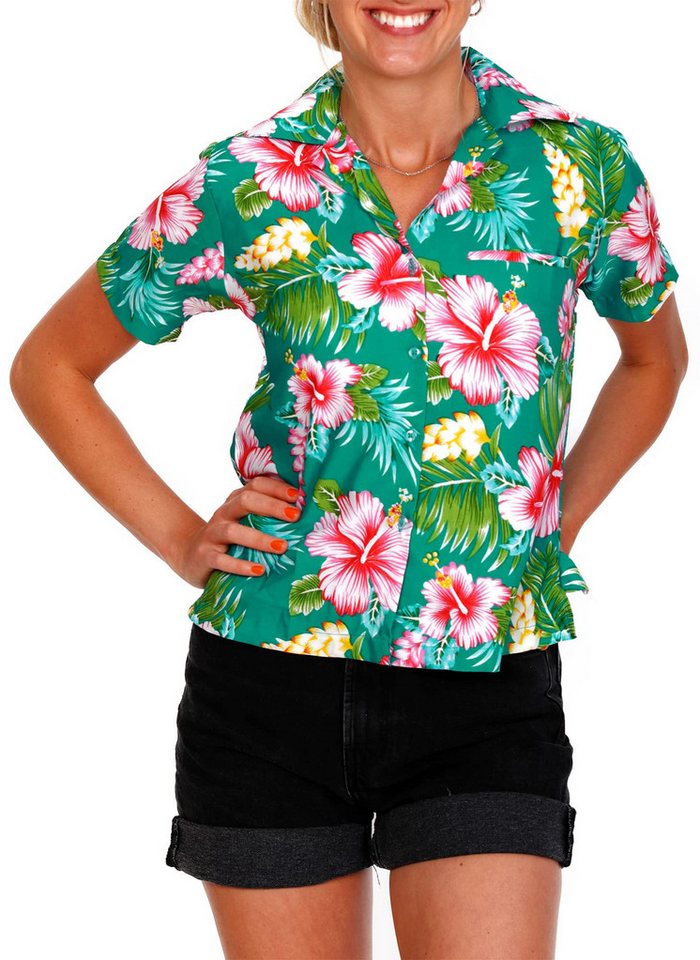 King Kameha Hawaiihemd Hibiscus New Funky Hawaiibluse Damen Kurzarm Front-Tasche Stylish von King Kameha