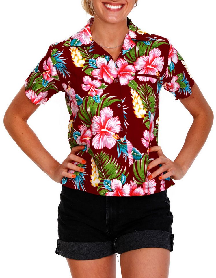 King Kameha Hawaiihemd Hibiscus New Funky Hawaiibluse Damen Kurzarm Front-Tasche Stylish von King Kameha
