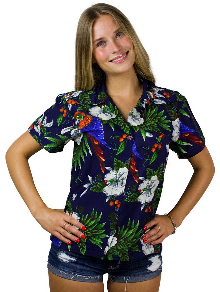 King Kameha Hawaiihemd Cherryparrot Funky Hawaiibluse Damen Kurzarm Front-Tasche Stylish von King Kameha