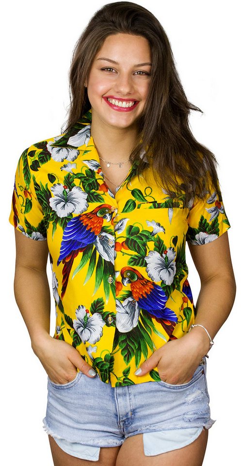 King Kameha Hawaiihemd Cherryparrot Funky Hawaiibluse Damen Kurzarm Front-Tasche Stylish von King Kameha