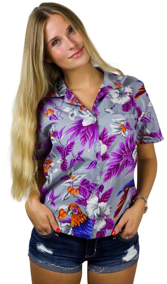 King Kameha Hawaiihemd Cherryparrot Funky Hawaiibluse Damen Kurzarm Front-Tasche Stylish von King Kameha