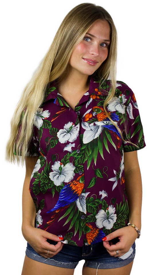 King Kameha Hawaiihemd Cherryparrot Funky Hawaiibluse Damen Kurzarm Front-Tasche Stylish von King Kameha