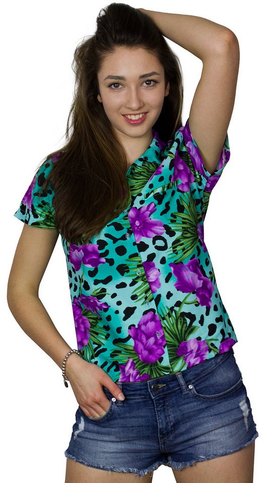 King Kameha Hawaiihemd Leopard Flowers Funky Hawaiibluse Damen Kurzarm Front-Tasche Stylish von King Kameha