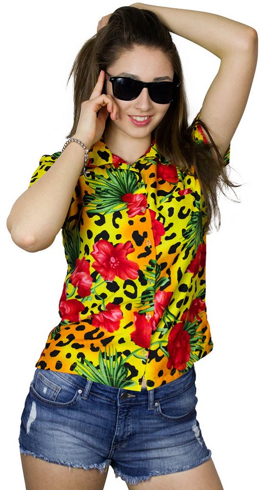 King Kameha Hawaiihemd Leopard Flowers Funky Hawaiibluse Damen Kurzarm Front-Tasche Stylish von King Kameha