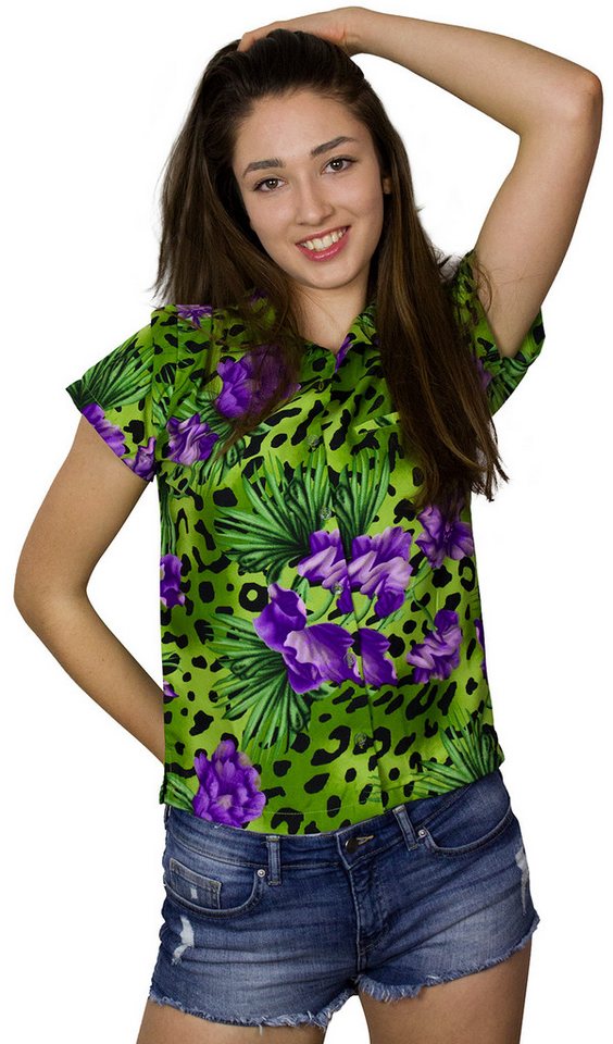 King Kameha Hawaiihemd Leopard Flowers Funky Hawaiibluse Damen Kurzarm Front-Tasche Stylish von King Kameha