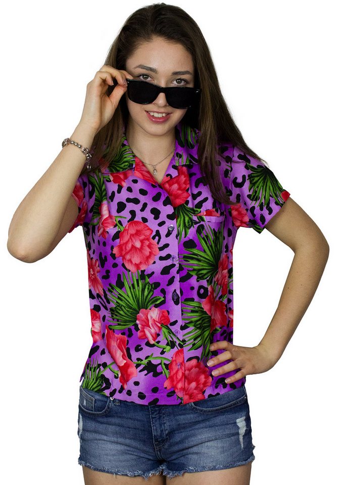 King Kameha Hawaiihemd Leopard Flowers Funky Hawaiibluse Damen Kurzarm Front-Tasche Stylish von King Kameha