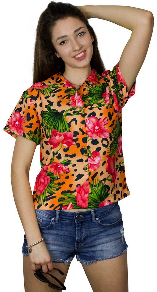 King Kameha Hawaiihemd Leopard Flowers Funky Hawaiibluse Damen Kurzarm Front-Tasche Stylish von King Kameha