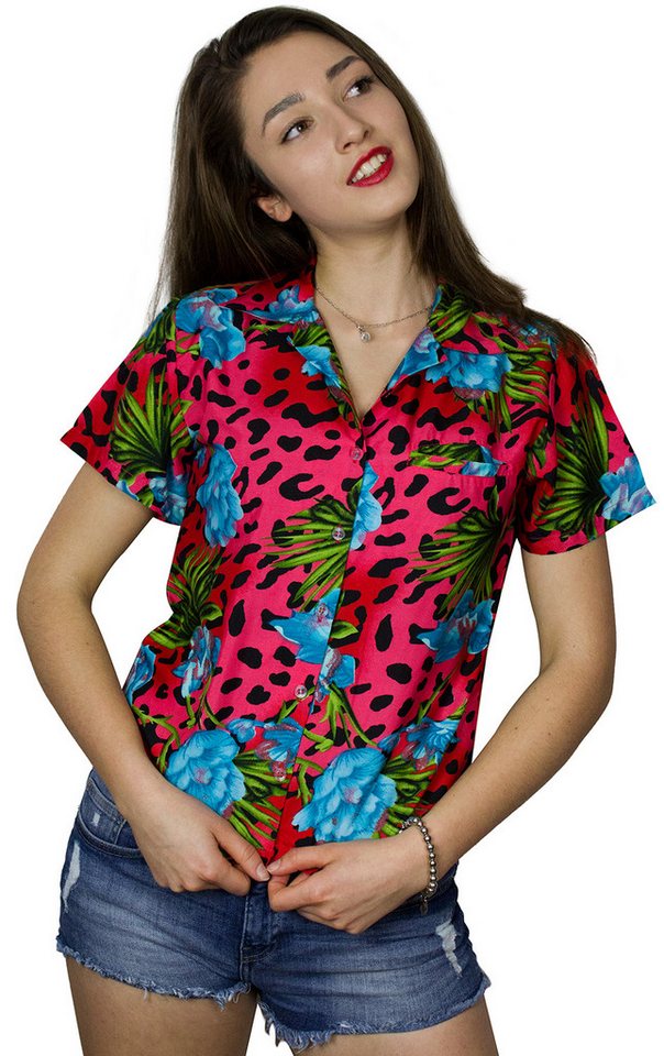 King Kameha Hawaiihemd Leopard Flowers Funky Hawaiibluse Damen Kurzarm Front-Tasche Stylish von King Kameha