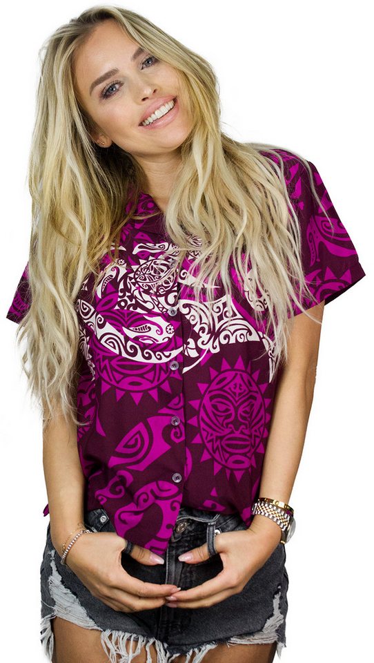 King Kameha Hawaiihemd Maori Chest Funky Hawaiibluse Damen Kurzarm Front-Tasche Stylish von King Kameha
