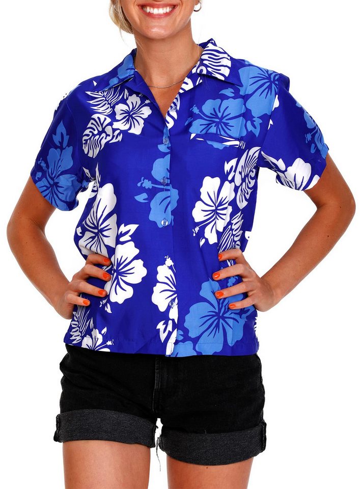 King Kameha Hawaiihemd Mono Hibiscus Funky Hawaiibluse Damen Kurzarm Front-Tasche Stylish von King Kameha